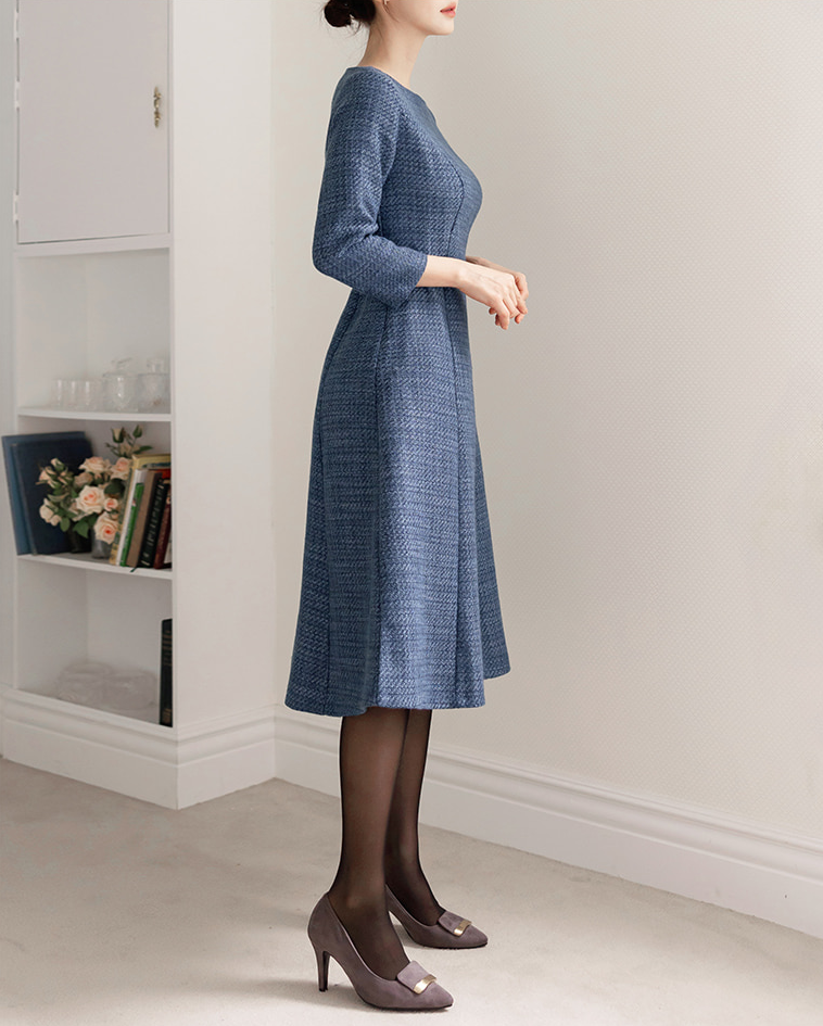 Feminine Boat Neck Blue Tweed Flare Dress with Belt