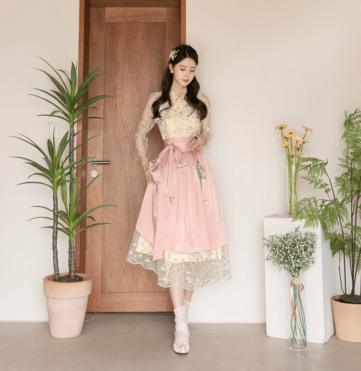 Floral Embroidered Lace Modern Wrap Hanbok Dress with a Romantic Touch