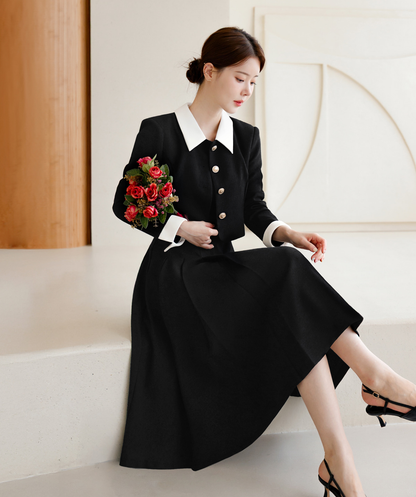 Layered Jacket‑Style Dress with Contrast Collar & Cuffs