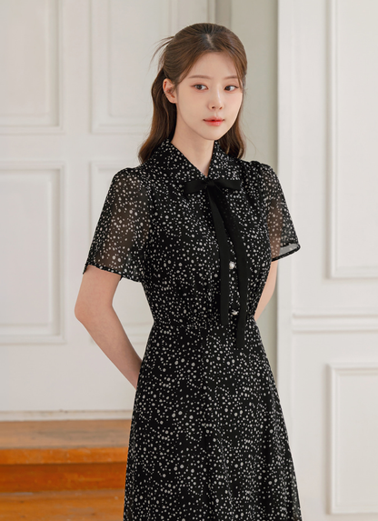 Romantic Chiffon Tie-Neck Dress with Graceful Dot Print