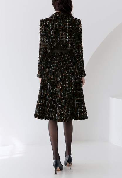 Elegant Tweed Flare Dress with Belted Waist and Gold‑Thread Detail