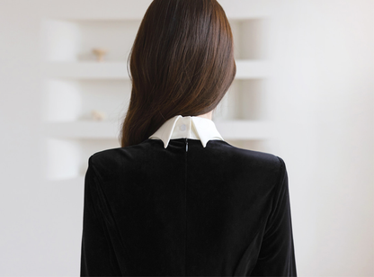 Velvet Flare Dress with Jewelry Buttons, White Collar & Cuffs