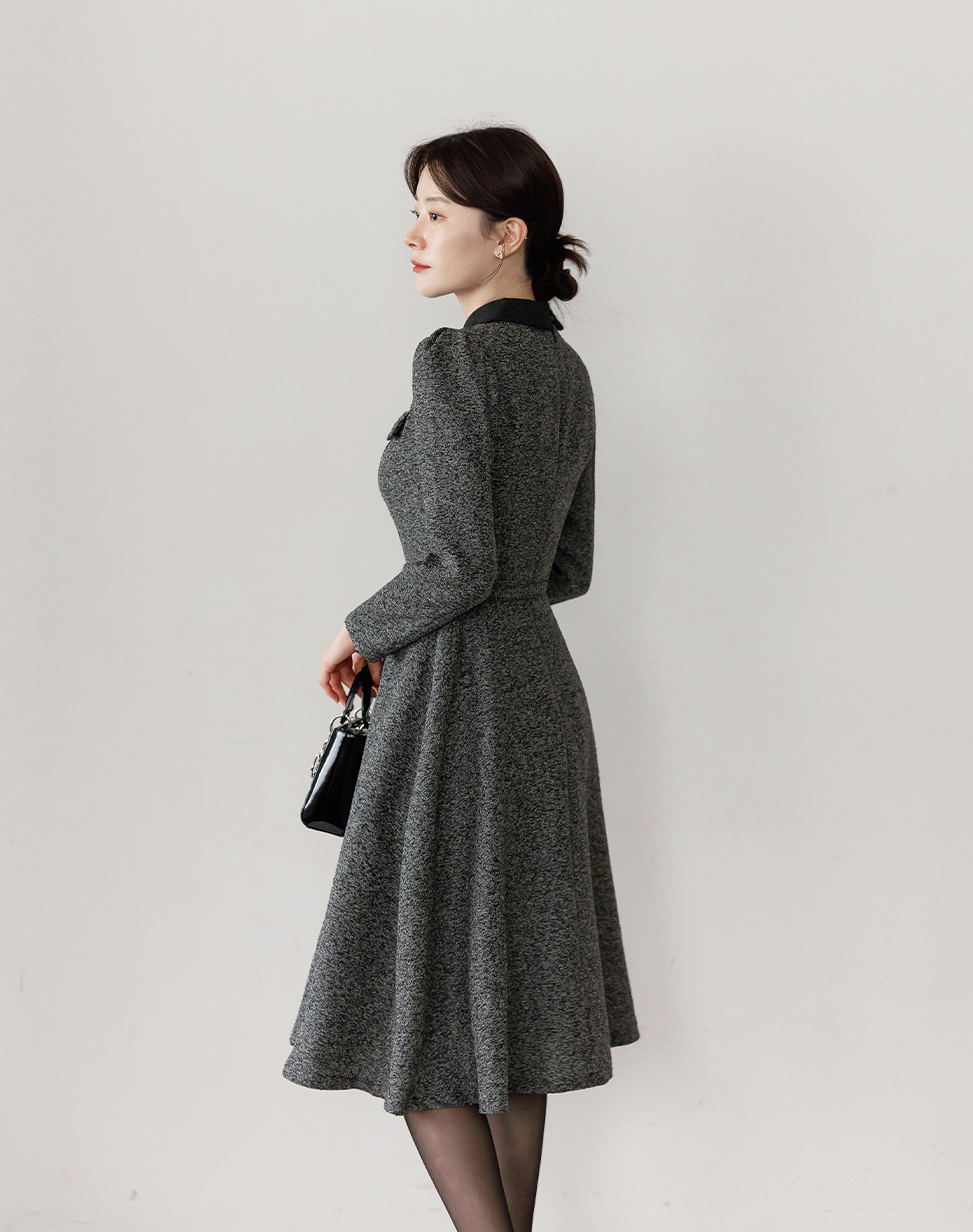 Classic Collar Elegant  Tweed Dress with Belt