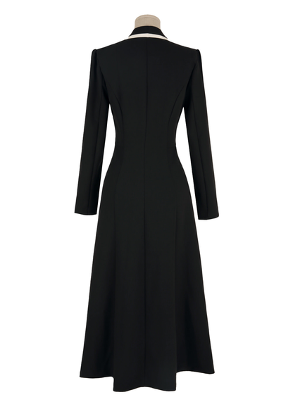 Flare Dress with Small Shawl Collar, Contrast Trim, and Button-Front Closure