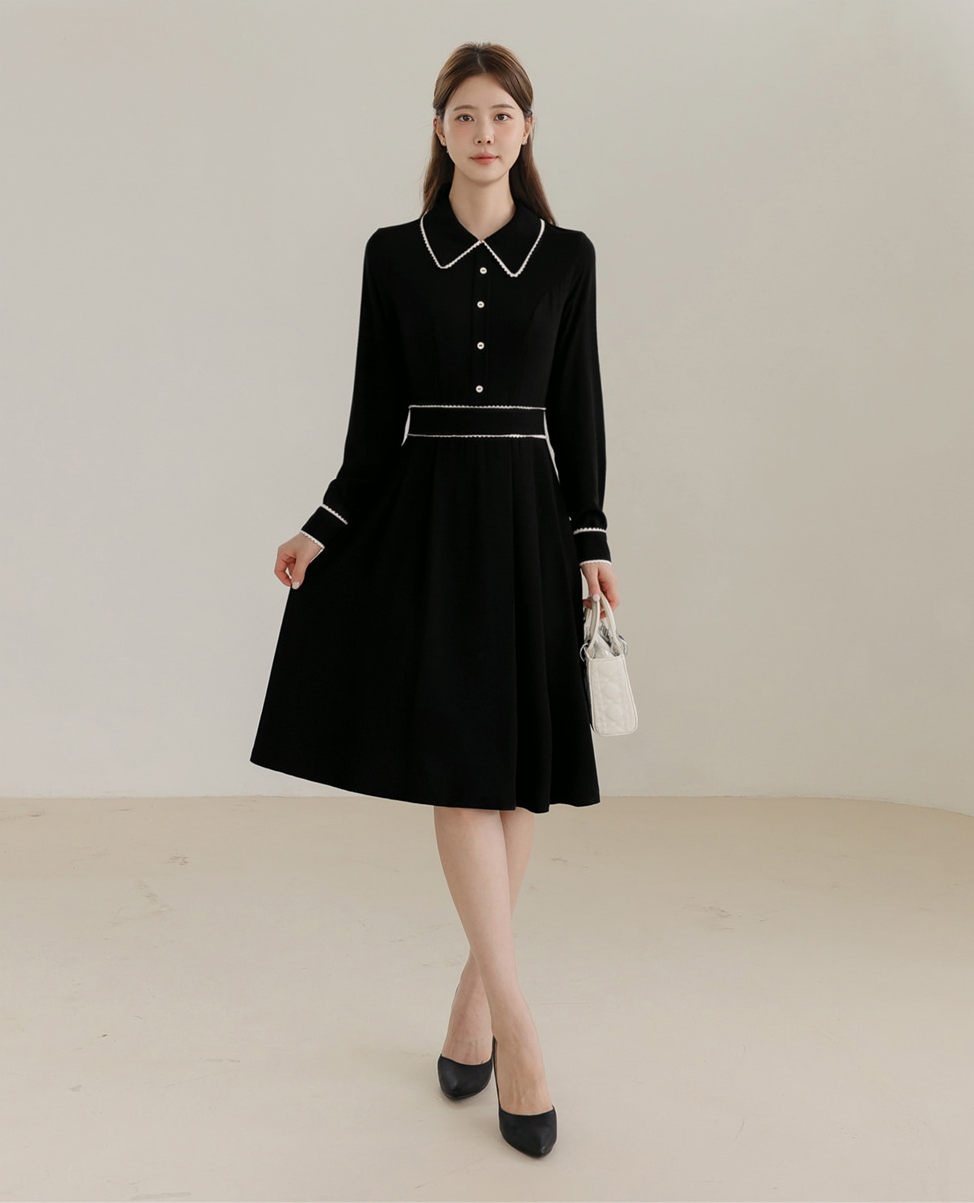 Black Flare Dress with Lace-Trimmed Collar and Enamel Button Detail