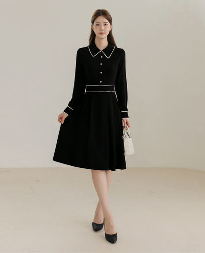 Black Flare Dress with Lace-Trimmed Collar and Enamel Button Detail
