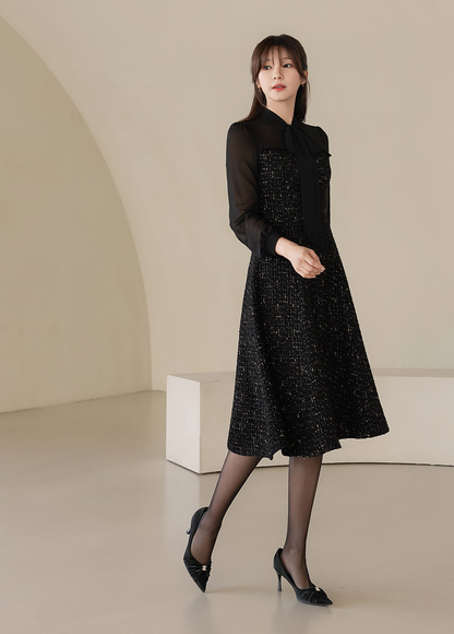 Elegant Tweed Dress with Sheer Tie-Neck Overlay