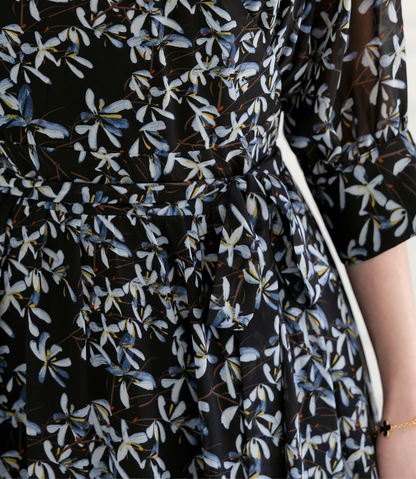 Romantic Floral Chiffon Wrap Dress with Sheer Three-Quarter Sleeves