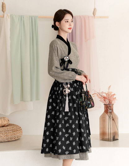 Patterned Black Modern Hanbok Wrap Skirt