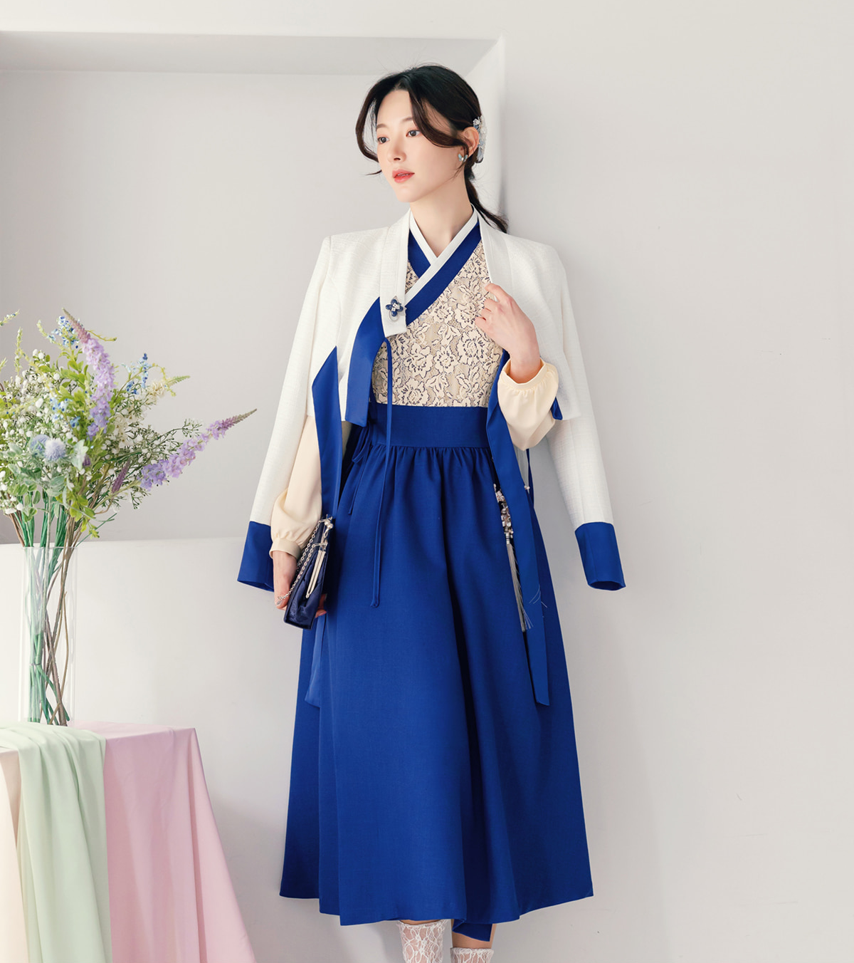 Floral Lace Wrap Modern Hanbok Dress in Green and Blue