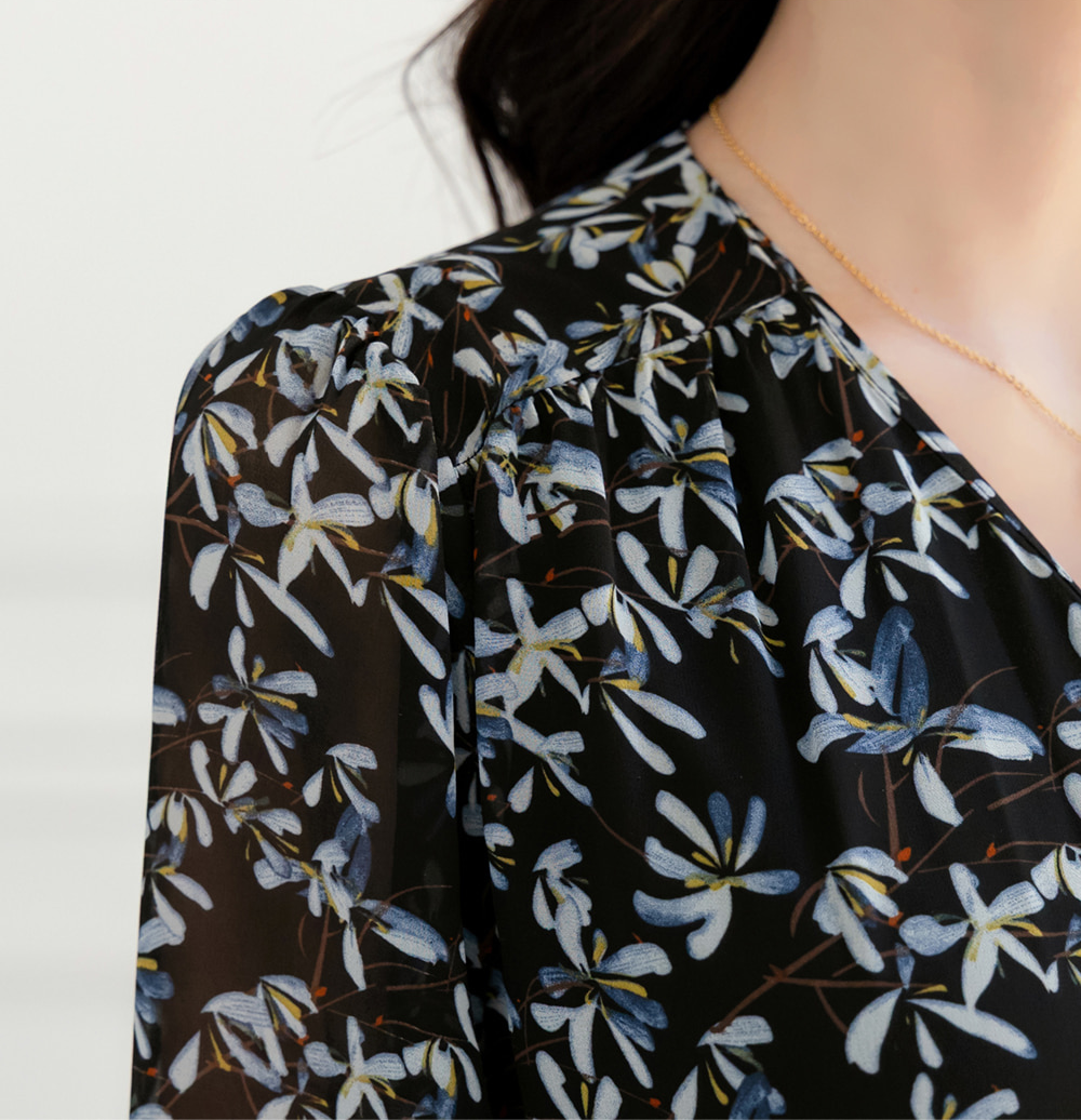 Romantic Floral Chiffon Wrap Dress with Sheer Three-Quarter Sleeves