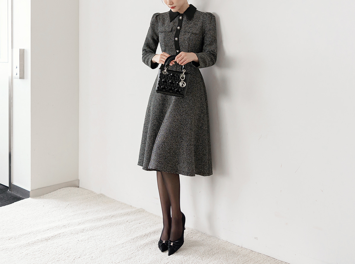 Classic Collar Elegant  Tweed Dress with Belt