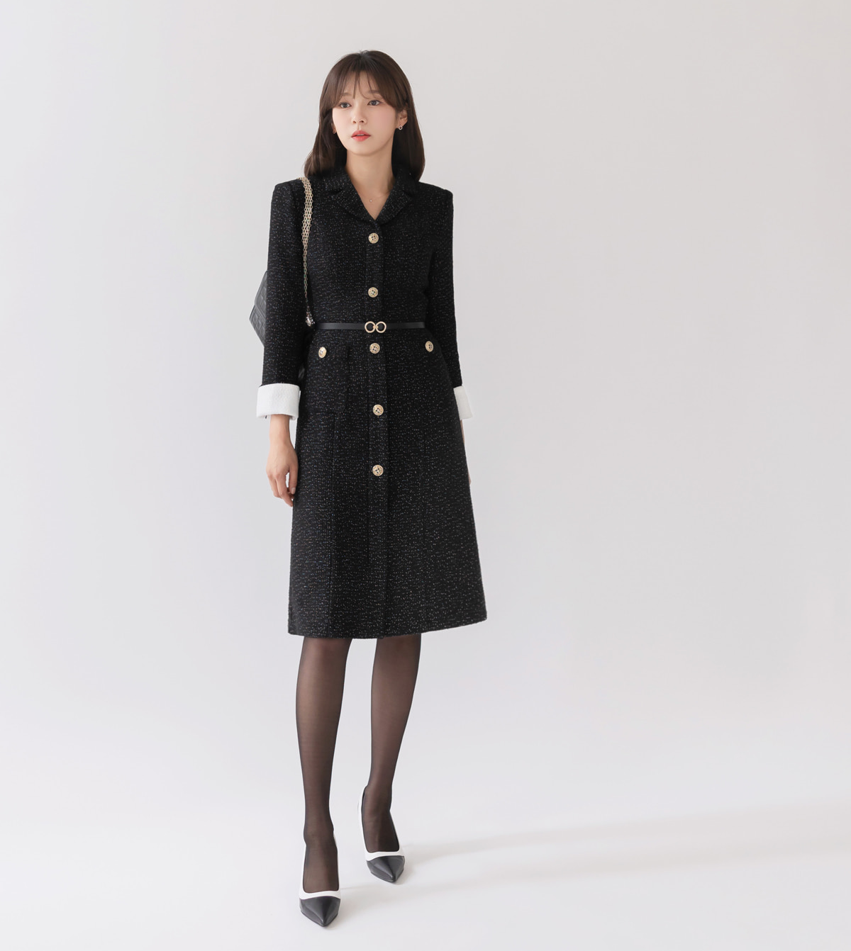 Tailored Silhouette Tweed Dress with Cufflink Detail