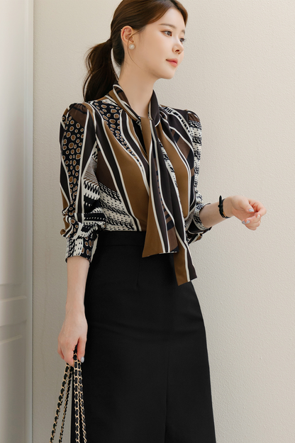 Refined Tie-Neck Blouse with an Artistic Print