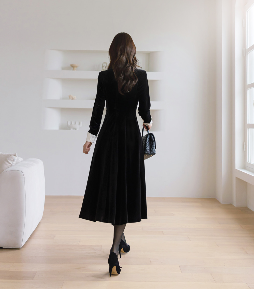 Velvet Flare Dress with Jewelry Buttons, White Collar & Cuffs