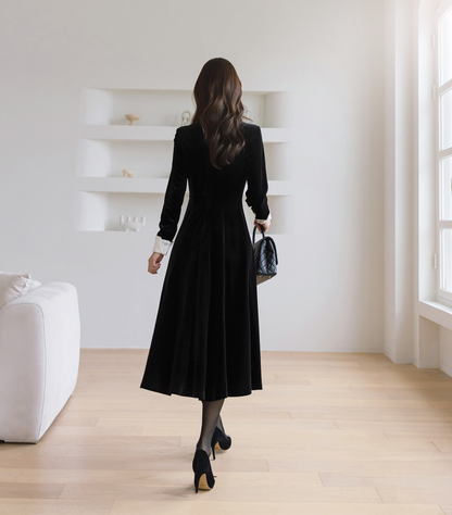 Velvet Flare Dress with Jewelry Buttons, White Collar & Cuffs