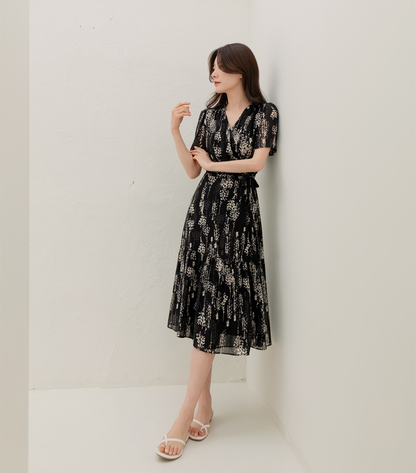 Airy Floral Chiffon Dress with a Softly Defined Wrap Waist