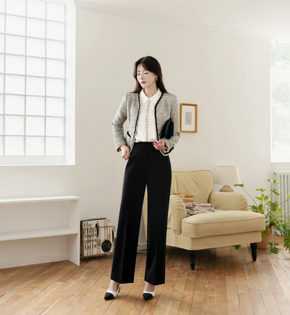 Tweed Trimming Pearl Button Blouse