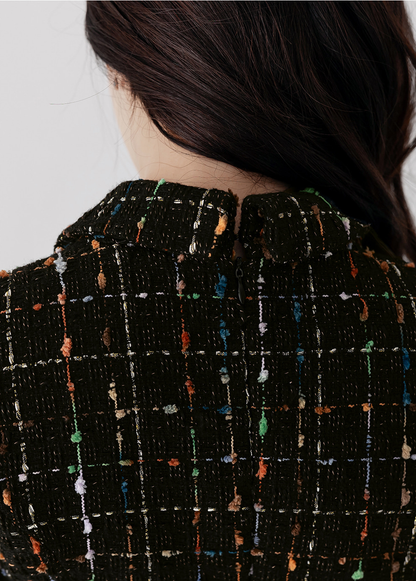 Elegant Tweed Flare Dress with Belted Waist and Gold‑Thread Detail