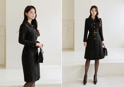 Luxury Tweed Dress with Gold‑Chain Detailing and Removable Belt