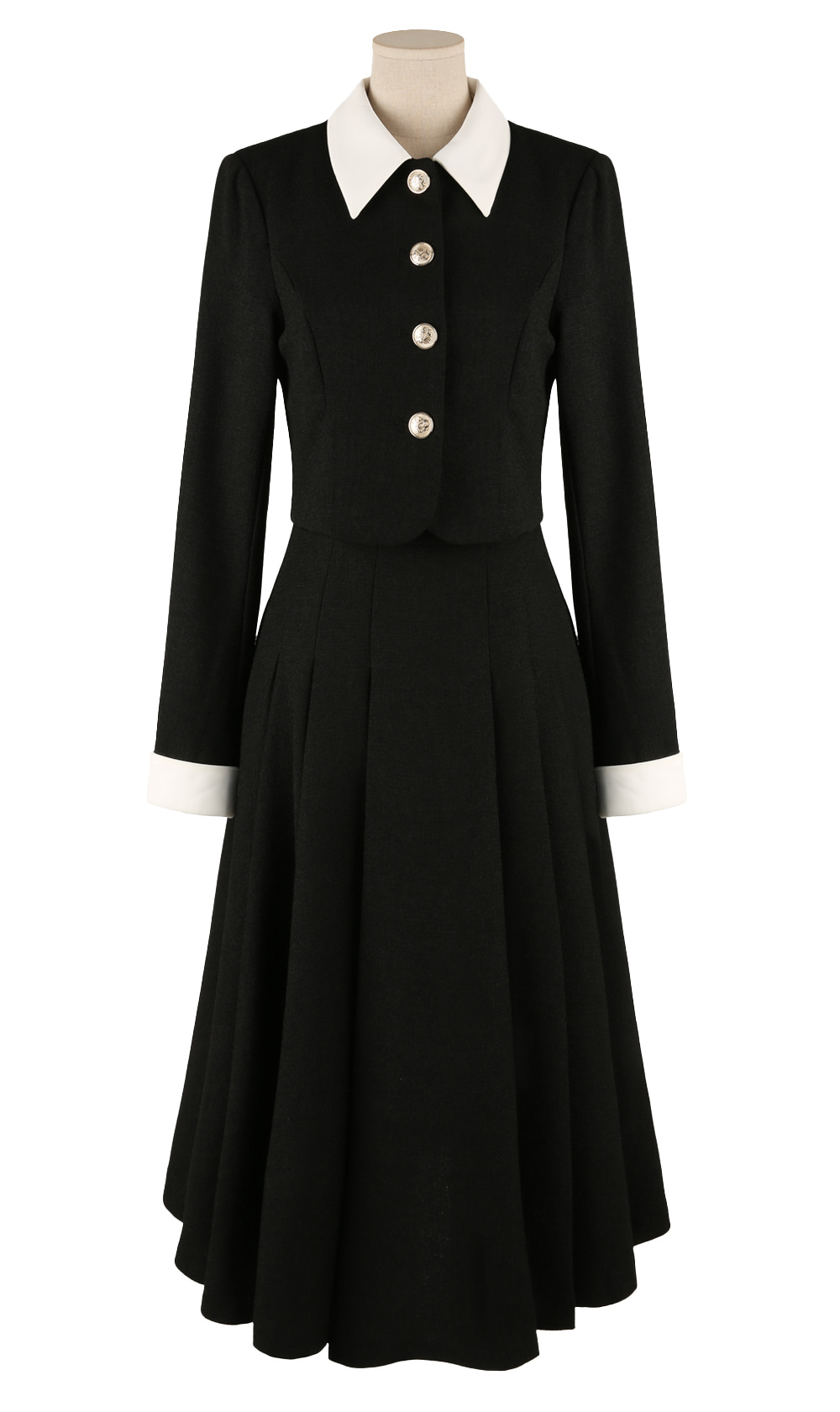 Layered Jacket‑Style Dress with Contrast Collar & Cuffs