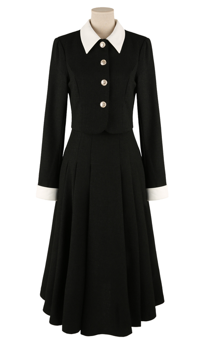 Layered Jacket‑Style Dress with Contrast Collar & Cuffs
