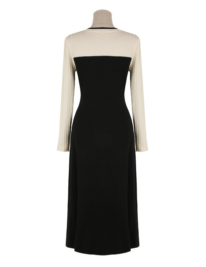 Ivory and Black Color-Blocked Knit Dress