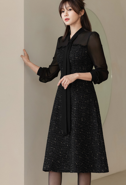 Elegant Tweed Dress with Sheer Tie-Neck Overlay