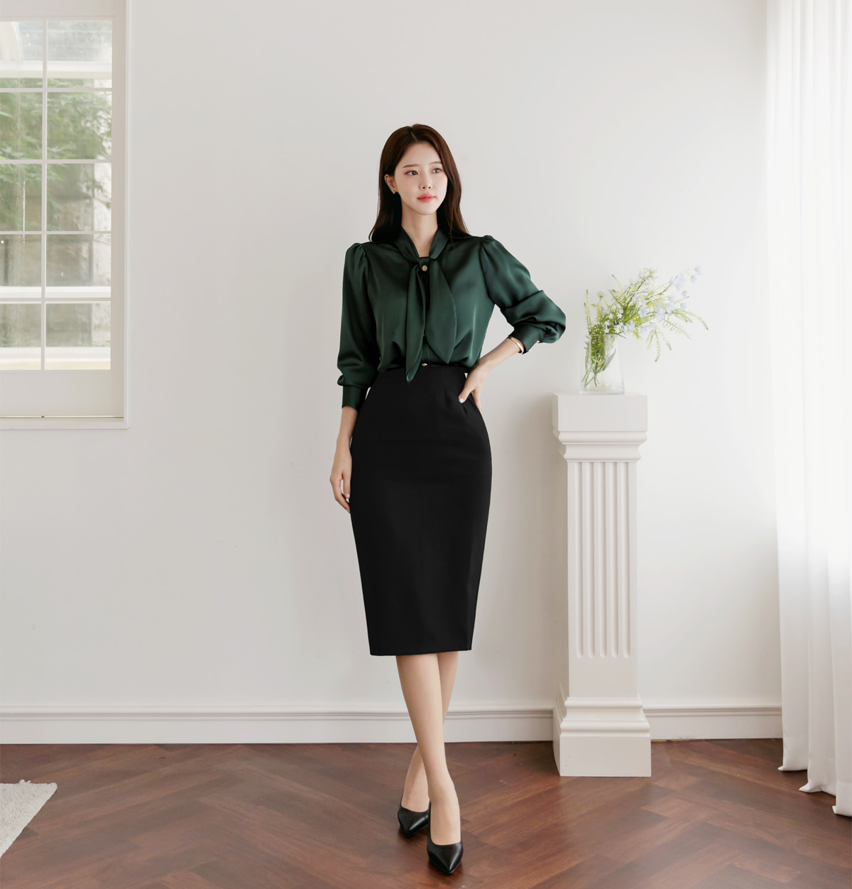 Lustrous Tie-Neck Blouse with Effortless Elegance