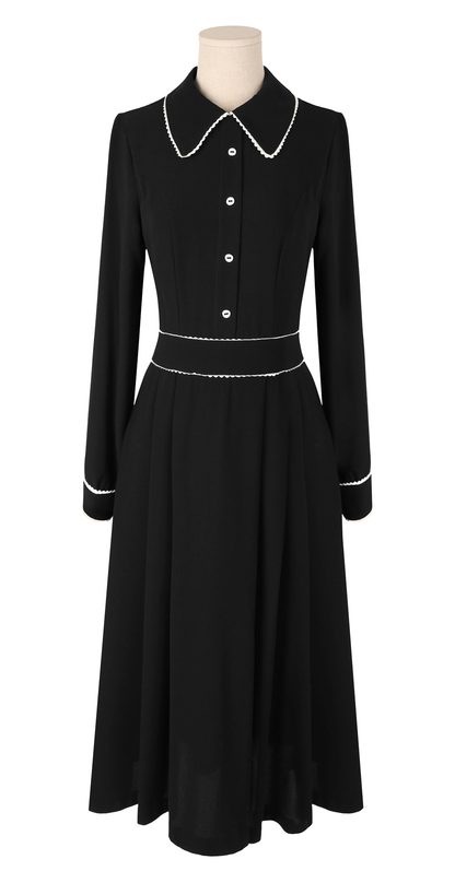 Black Flare Dress with Lace-Trimmed Collar and Enamel Button Detail