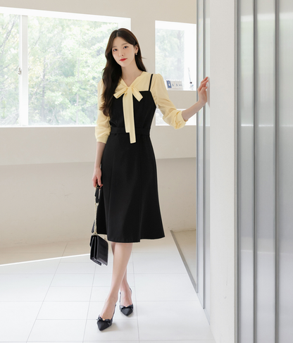 Fit-and-Flare Dress with Slim Straps, Structured Bodice, and Waist Belt