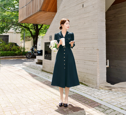 Bold Button Belted Flare Dress with Dual Pockets