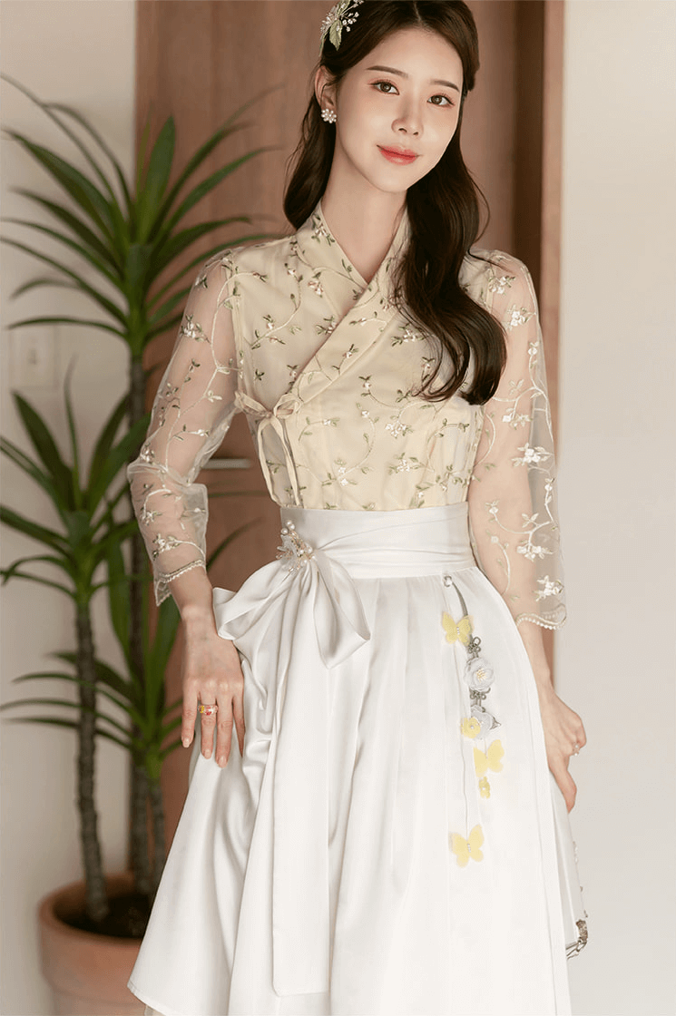 Floral Embroidered Lace Modern Wrap Hanbok Dress with a Romantic Touch