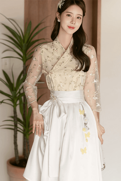 Floral Embroidered Lace Modern Wrap Hanbok Dress with a Romantic Touch