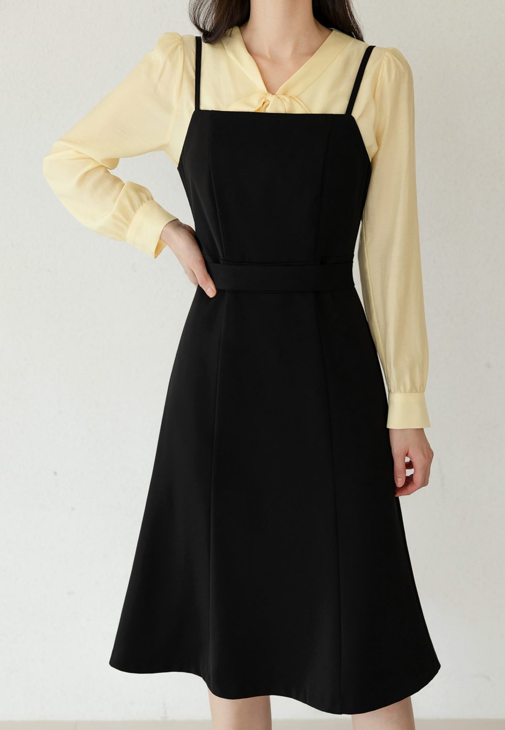 Fit-and-Flare Dress with Slim Straps, Structured Bodice, and Waist Belt