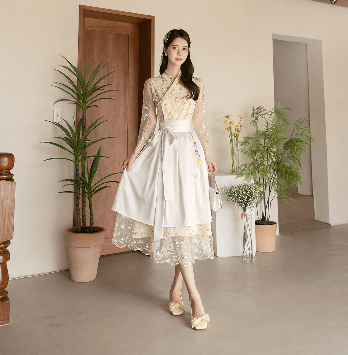 Floral Embroidered Lace Modern Wrap Hanbok Dress with a Romantic Touch