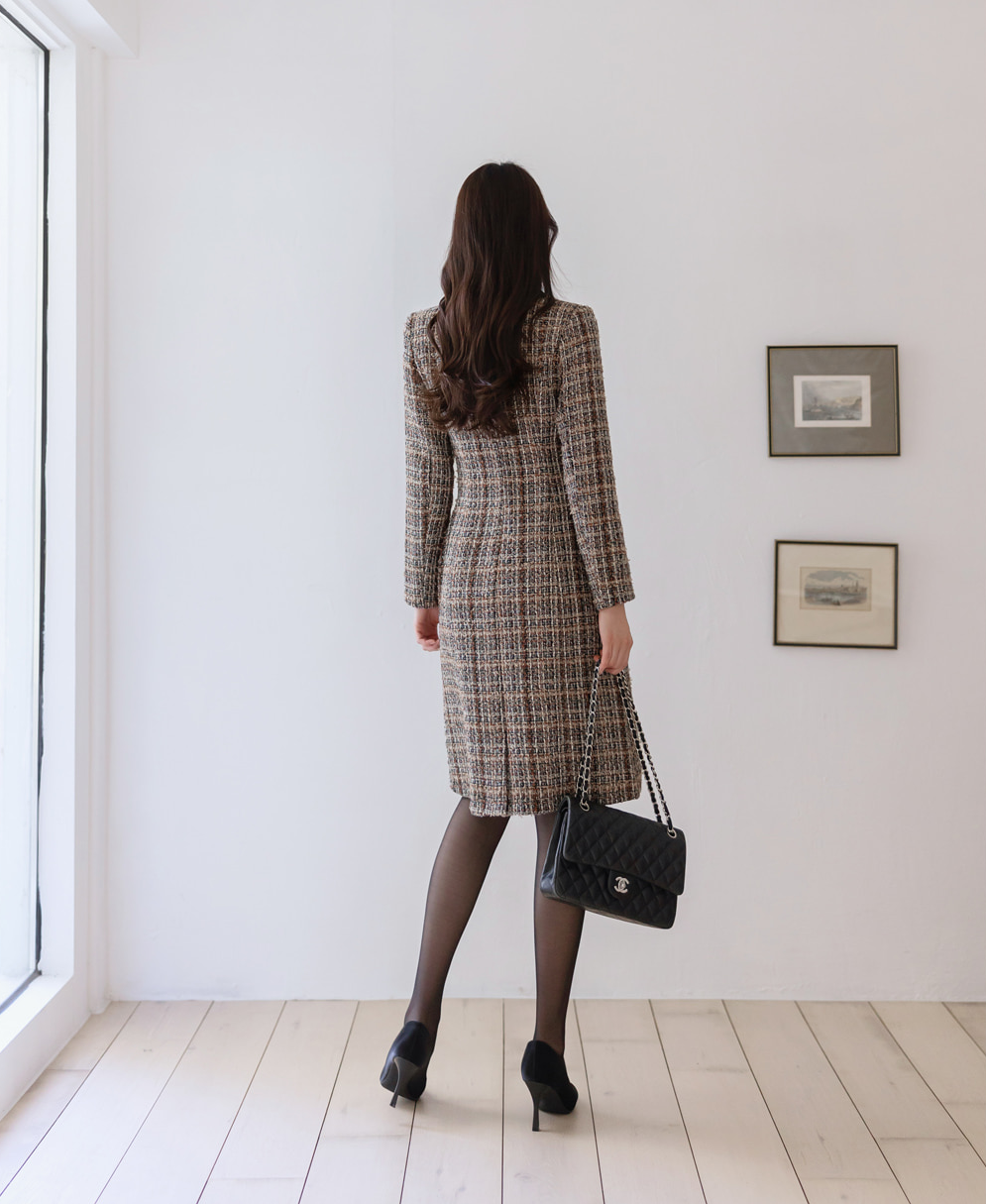 Brown Tweed Fringe Dress with Black Contrast Details