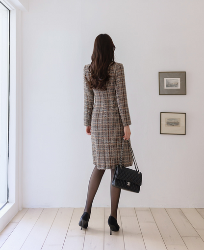 Brown Tweed Fringe Dress with Black Contrast Details