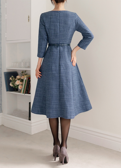 Feminine Boat Neck Blue Tweed Flare Dress with Belt