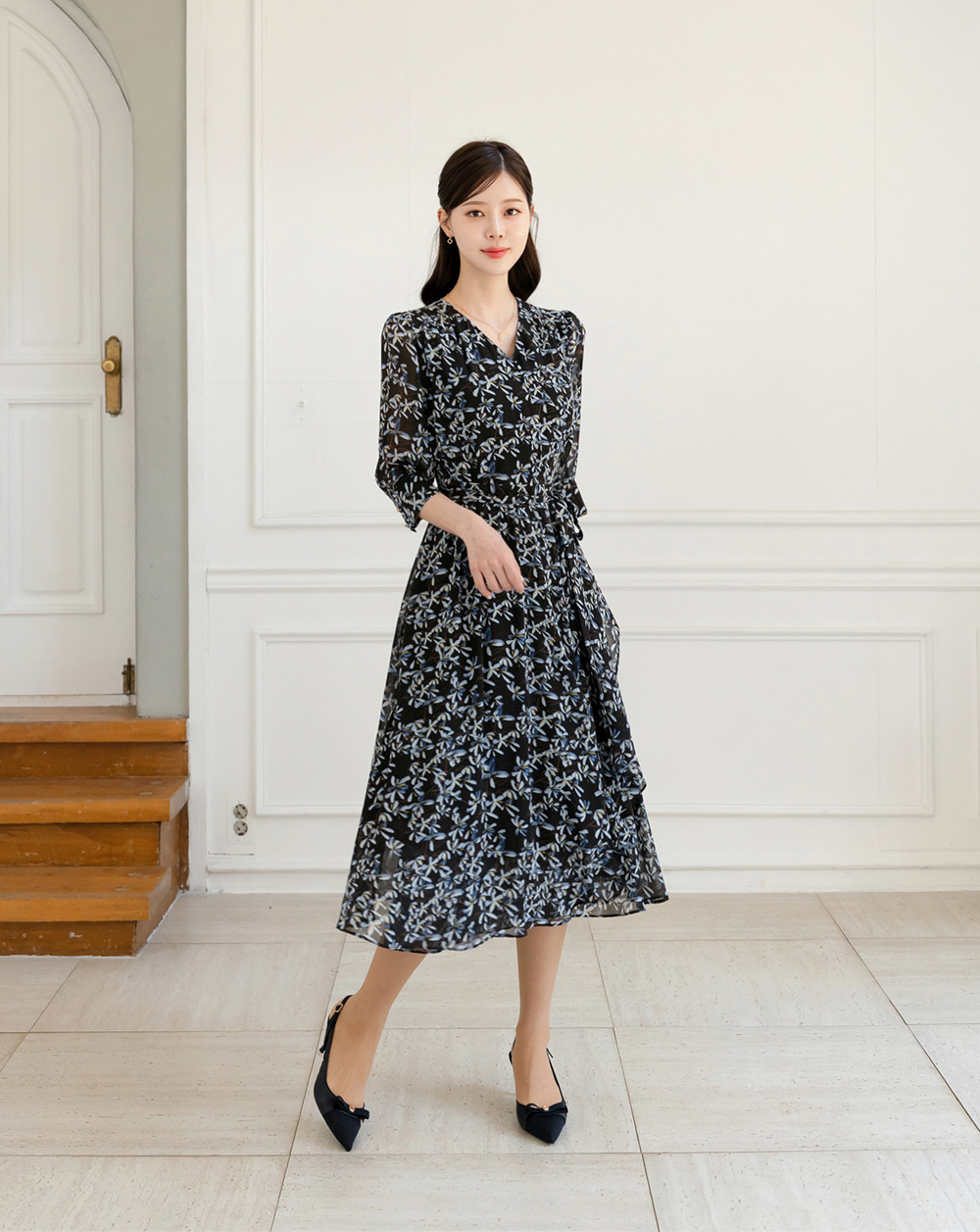 Romantic Floral Chiffon Wrap Dress with Sheer Three-Quarter Sleeves
