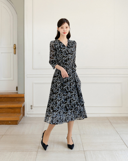 Romantic Floral Chiffon Wrap Dress with Sheer Three-Quarter Sleeves