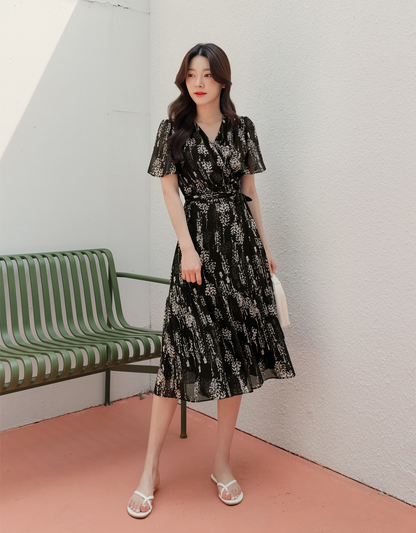 Airy Floral Chiffon Dress with a Softly Defined Wrap Waist