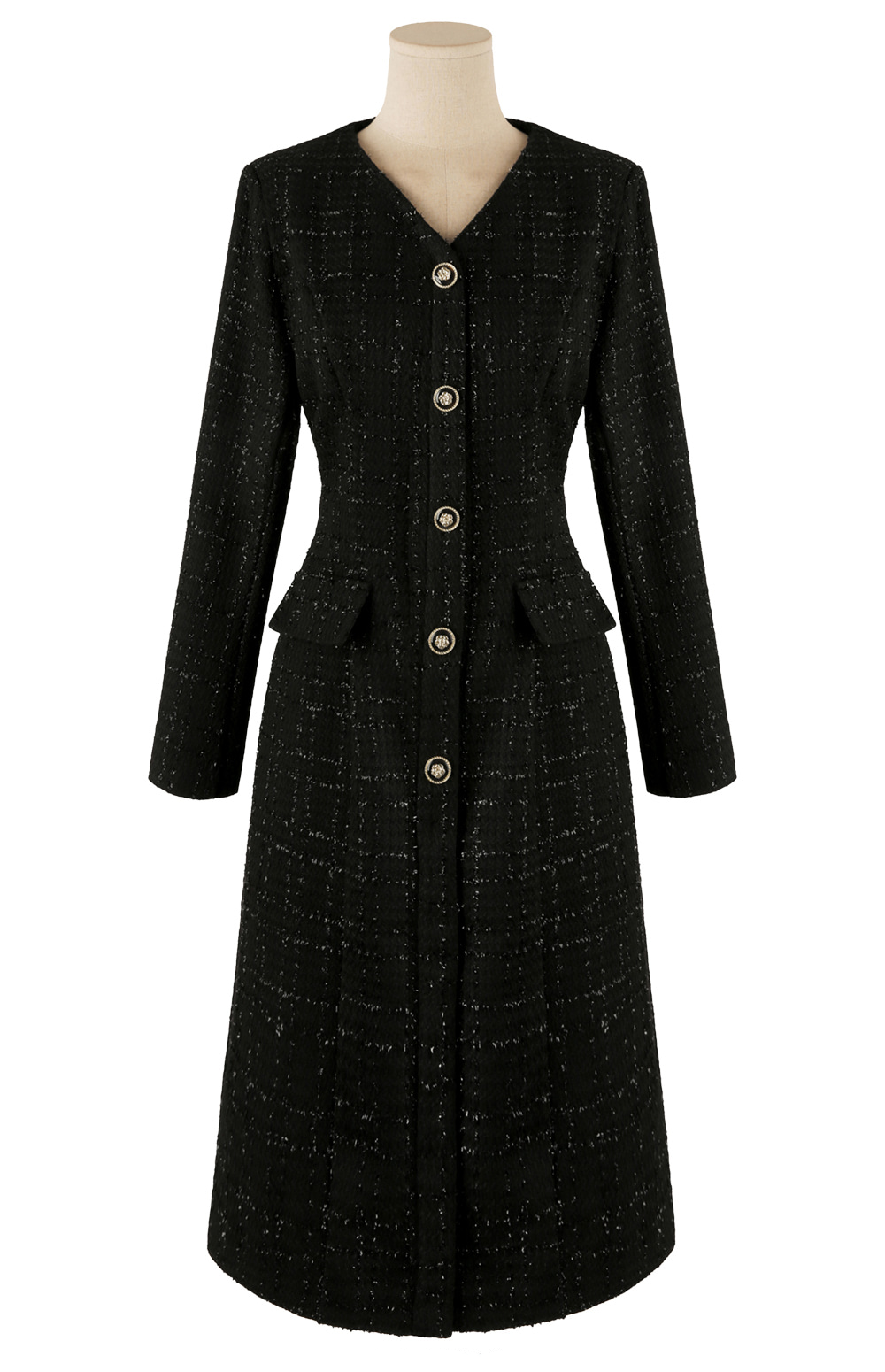 Pearl-Mix Tweed A-Line Dress with V-Neck and Decorative Flap Pockets