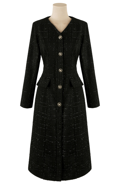 Pearl-Mix Tweed A-Line Dress with V-Neck and Decorative Flap Pockets