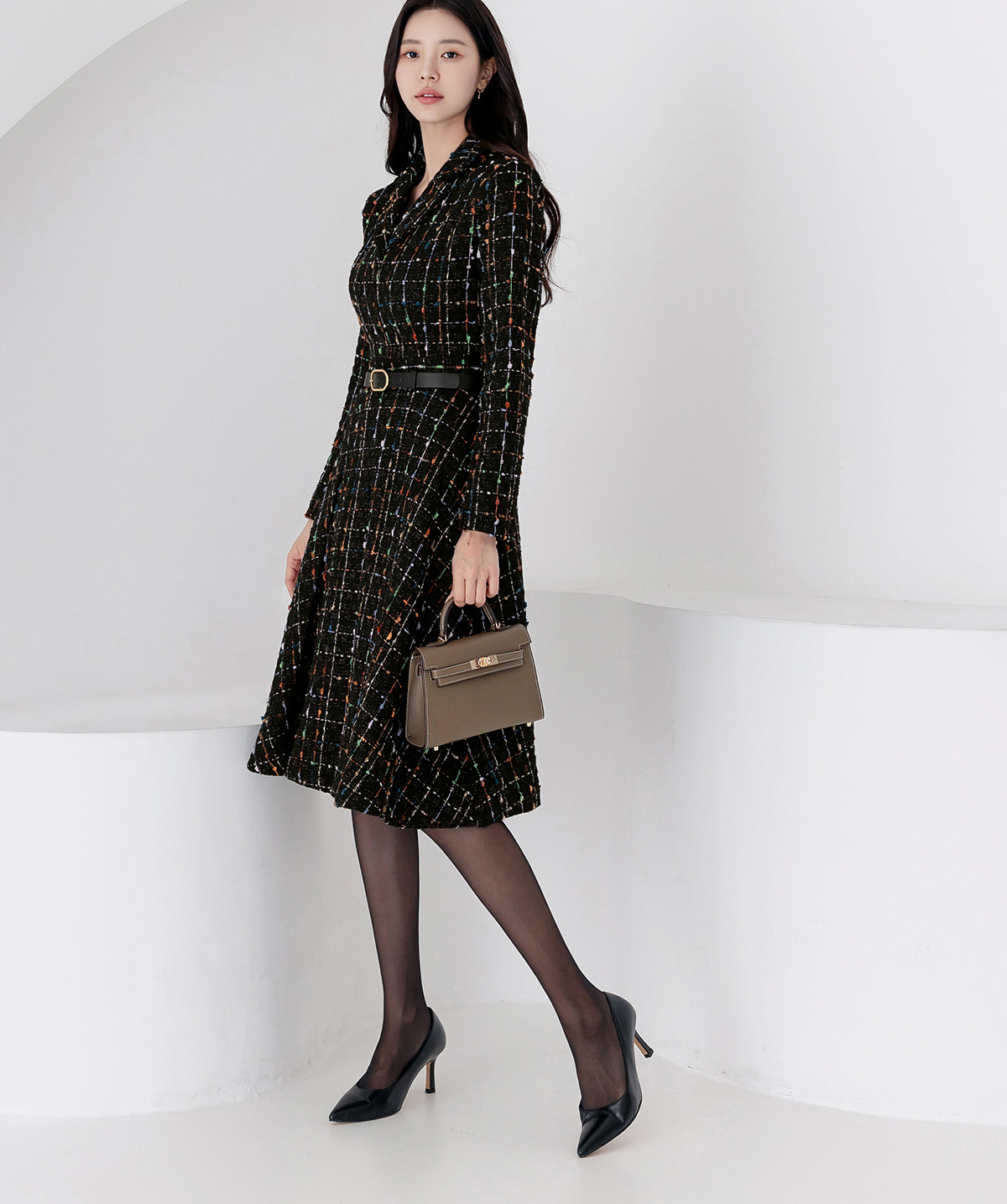 Elegant Tweed Flare Dress with Belted Waist and Gold‑Thread Detail