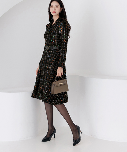 Elegant Tweed Flare Dress with Belted Waist and Gold‑Thread Detail