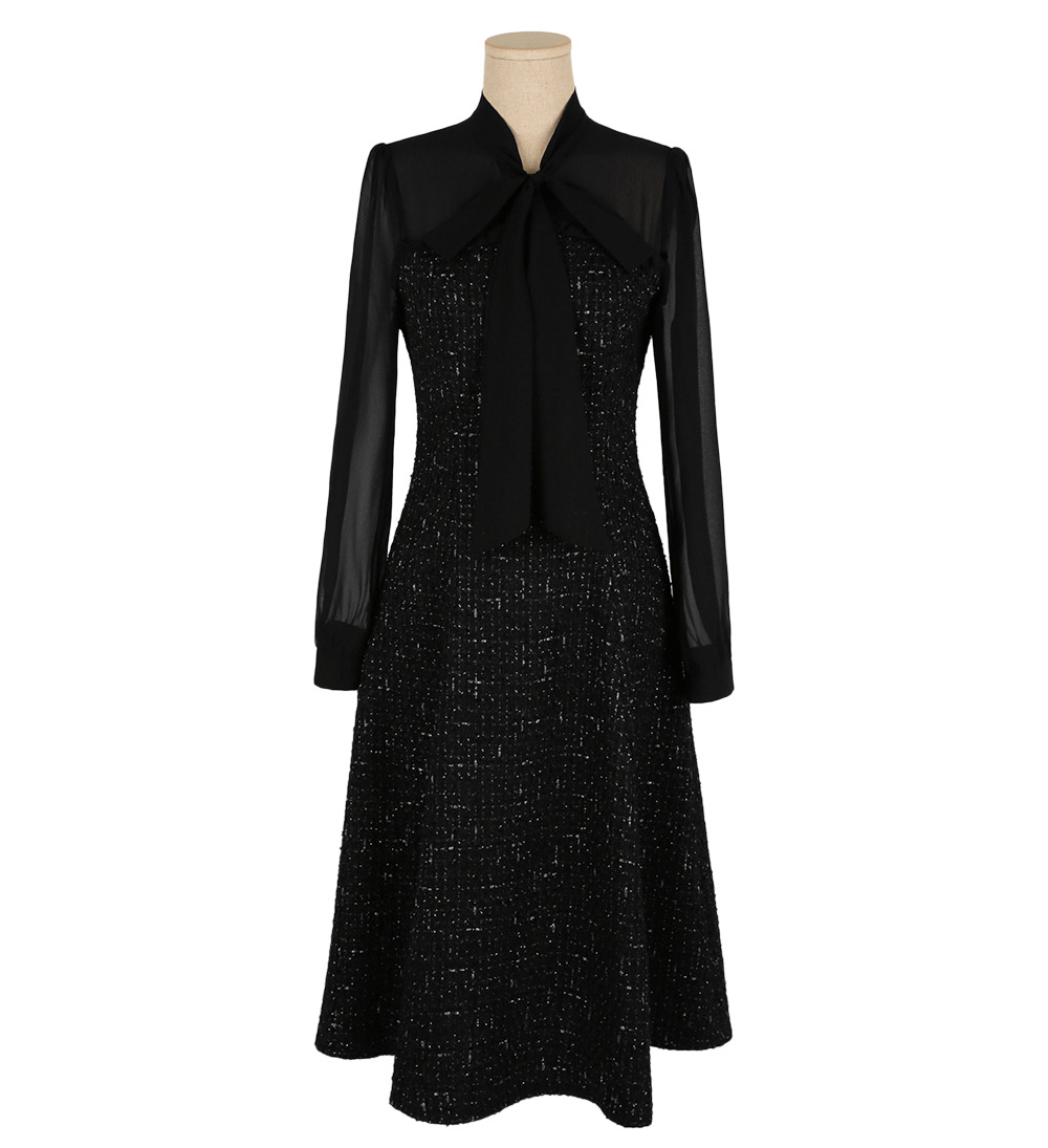 Elegant Tweed Dress with Sheer Tie-Neck Overlay