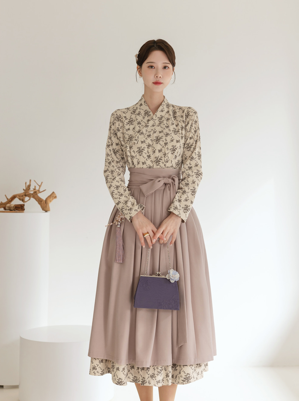 Floral Pattern Corduroy Modern Hanbok Wrap Dress