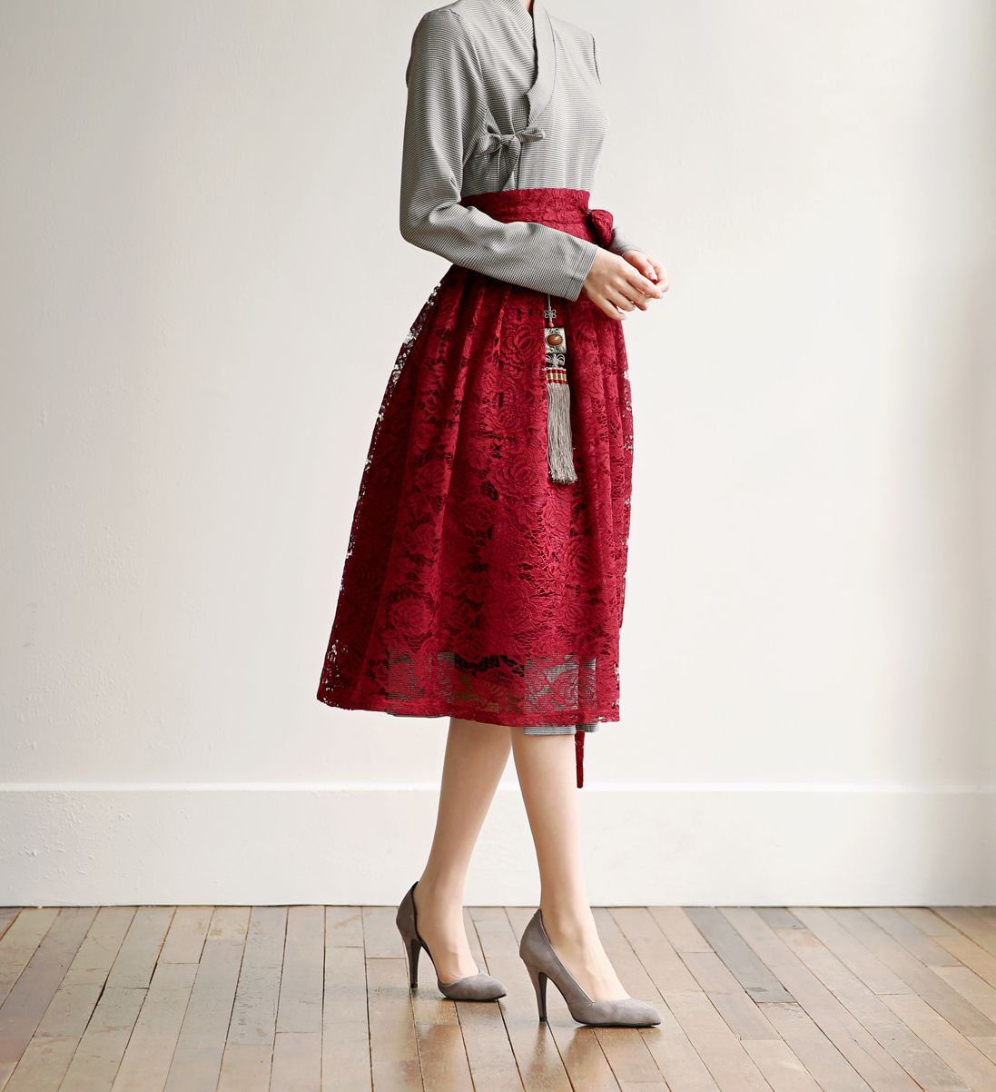 Floral Pattern Lace Modern Hanbok Wrap Skirt