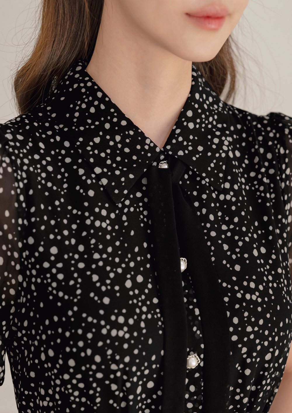 Romantic Chiffon Tie-Neck Dress with Graceful Dot Print